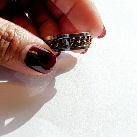 Mens Titanium Ring Sz 12.75 Jewelry Band Coffee Tone Steel Cuban Link Inlay - Picture 5 of 6